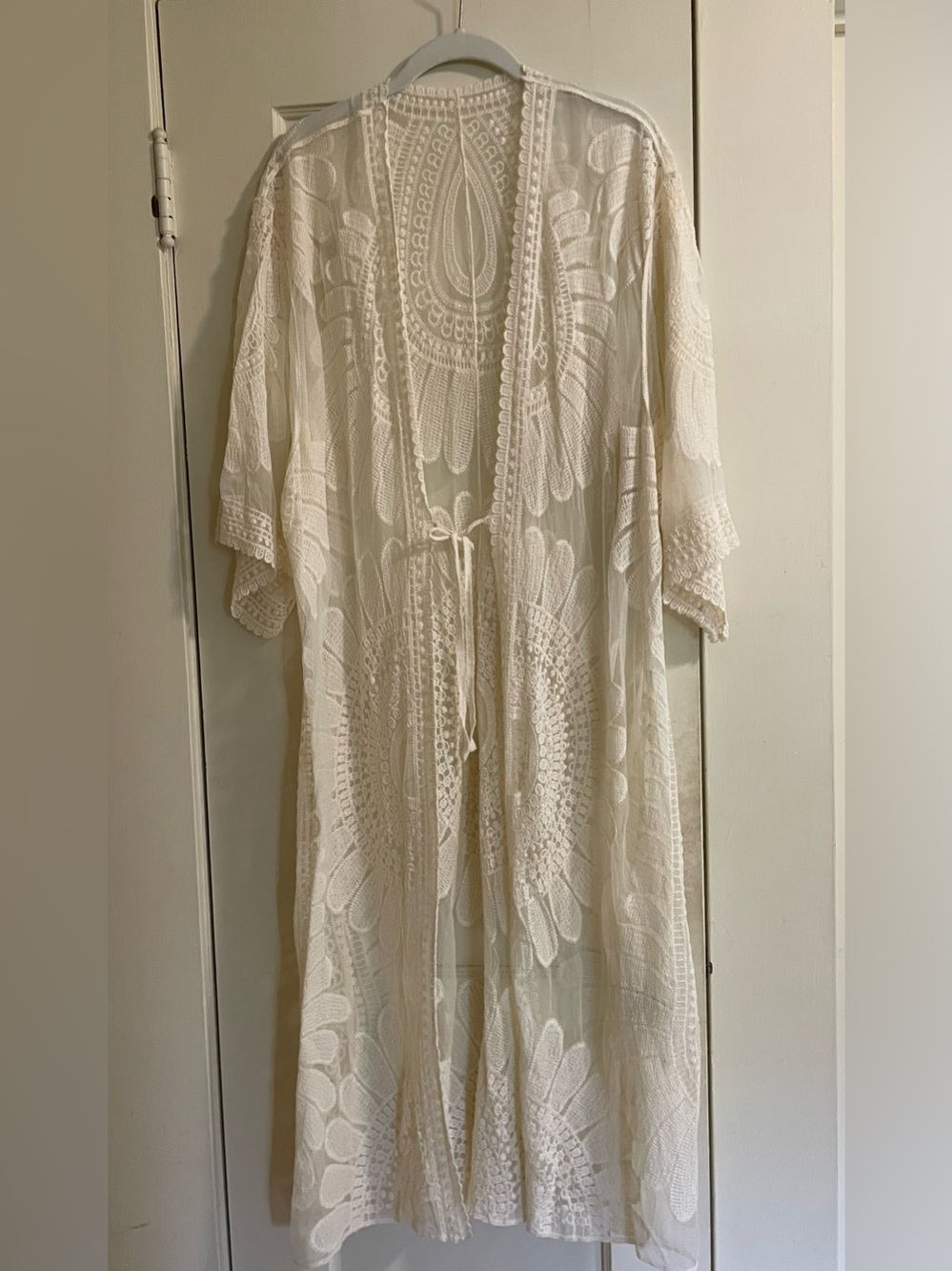 Sheer Embroidered Lace Kimono Duster - Cream